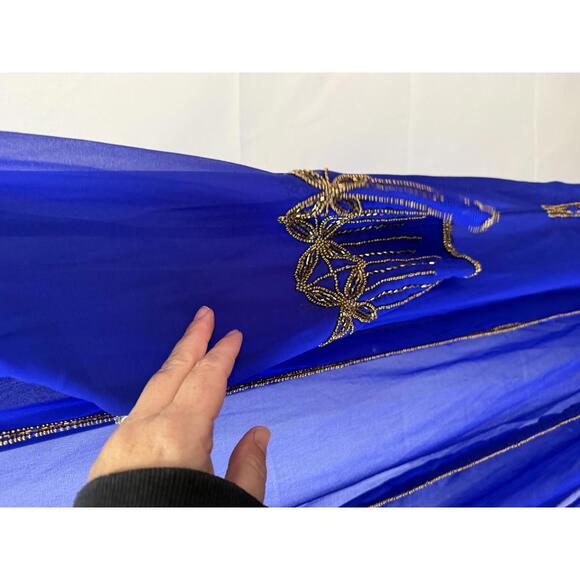 Blue Long Sleeve Sheer Duster Cardigan Shawl with Gold Embellishments - Picture 7 of 9